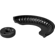 Zubehör für Winkelschleifer: eine schwarze Schnellspannmutter mit Verriegelungssymbolen und eine schwarze halbkreisförmige Schutzabdeckung.