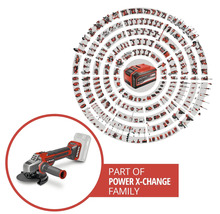 Einhell Akku-Winkelschleifer als Teil der Power X-Change Akku-Plattform mit Übersicht vieler kompatibler Werkzeuge und Gartengeräte.