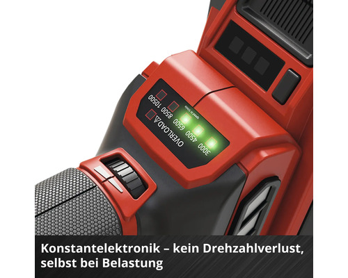 Elektrowerkzeug mit Konstantelektronik, Geschwindigkeitsregler und LED-Anzeige für Drehzahlstufen und Überlastungsschutz.