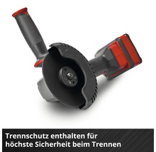 Akku Winkelschleifer mit montierter Trennschutzhaube und Seitengriff für sicheres Trennen.