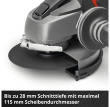 Winkelschleifer mit einer Schnitttiefe von bis zu 28 Millimeter und einem Scheibendurchmesser von maximal 115 Millimeter.