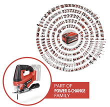 Einhell Akku-Stichsäge als Teil der Power X-Change Familie mit einer Übersicht vieler kompatibler Werkzeuge und Gartengeräte.