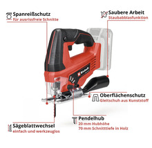Einhell Akku-Stichsäge mit Pendelhub, werkzeuglosem Sägeblattwechsel, Spanreißschutz, Staubblasfunktion und Kunststoffgleitschuh.