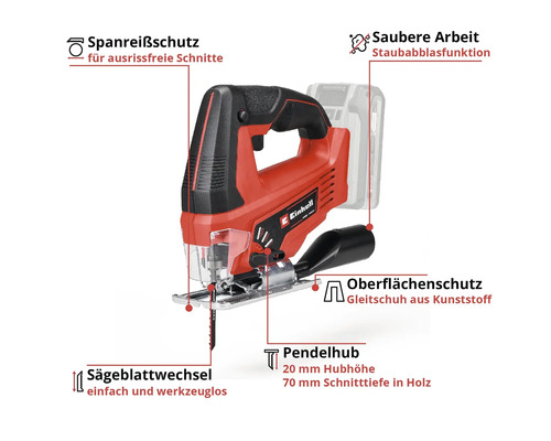 Einhell Akku-Stichsäge mit Pendelhub, werkzeuglosem Sägeblattwechsel, Spanreißschutz, Staubblasfunktion und Kunststoffgleitschuh.