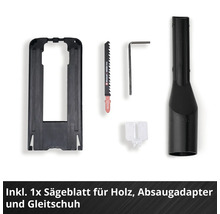 Zubehörset für Stichsägen mit Einhell Logo auf dem Holzsägeblatt, Absaugadapter, Gleitschuh, Sechskantschlüssel und Spanreißschutz.