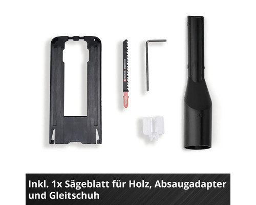 Zubehörset für Stichsägen mit Einhell Logo auf dem Holzsägeblatt, Absaugadapter, Gleitschuh, Sechskantschlüssel und Spanreißschutz.