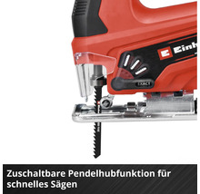 Einhell Logo auf einer Stichsäge mit zuschaltbarer Pendelhubfunktion und Einstellhebel für schnelles Sägen.