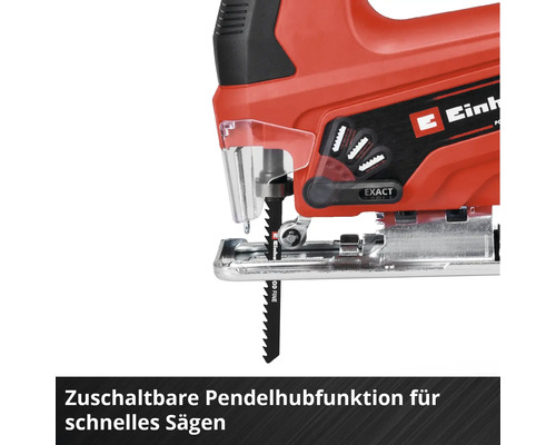 Einhell Logo auf einer Stichsäge mit zuschaltbarer Pendelhubfunktion und Einstellhebel für schnelles Sägen.