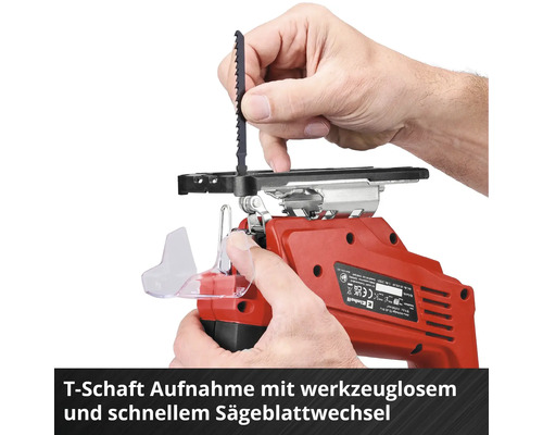 Rote Einhell Stichsäge mit T-Schaft Aufnahme und werkzeuglosem Sägeblattwechsel.
