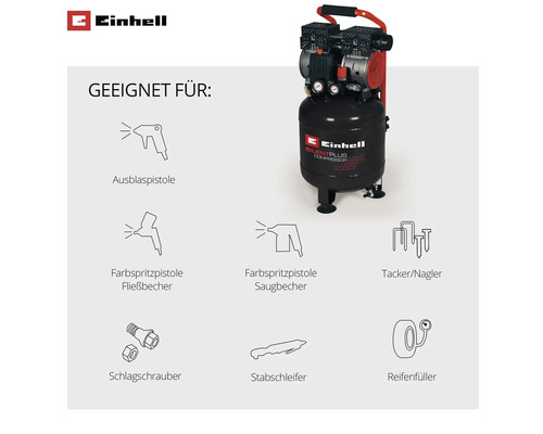 Einhell Logo. SilentPlus Kompressor mit Icons für Ausblaspistole, Farbspritzpistole, Tacker, Schlagschrauber, Stabschleifer und Reifenfüller.