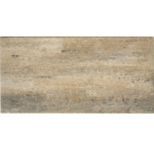 Rechteckige Terrassenplatte in Natursteinoptik mit strukturierter Oberfläche und variierenden Beige- und Brauntönen.