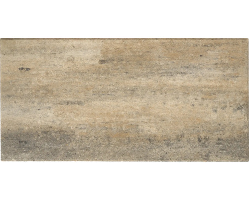Rechteckige Terrassenplatte in Natursteinoptik mit strukturierter Oberfläche und variierenden Beige- und Brauntönen.