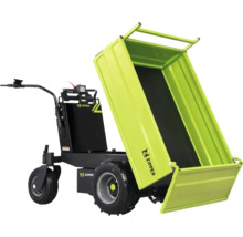 Grüner elektrischer Minidumper von Zipper mit hochgeklappter Lademulde und drei Rädern.