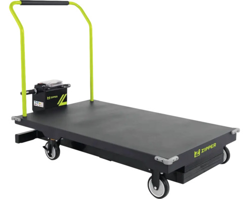 Zipper Elektro-Plattformwagen mit schwarzer Ladefläche und limettengrünem Schiebebügel.