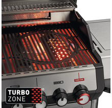Nahaufnahme eines Gasgrills mit glühender Turbo Zone unter dem Grillrost und Edelstahlgehäuse mit Drehknöpfen.
