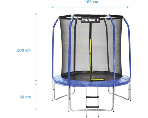 Marimex Trampolin mit Sicherheitsnetz und Leiter, Durchmesser 183 Zentimeter, Gesamthöhe 200 Zentimeter, Rahmenhöhe 50 Zentimeter.