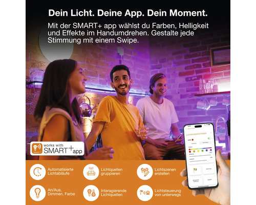 Smarte Beleuchtung im Wohnraum, gesteuert per Smart plus App. Funktionen: Lichtfarbe, Helligkeit, automatisierte Abläufe und Fernsteuerung.