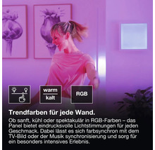 Quadratisches LED-Wandpanel mit RGB-Farbwechsel, Dimmfunktion und einstellbarer Farbtemperatur von warm bis kalt für stimmungsvolle Beleuchtung.
