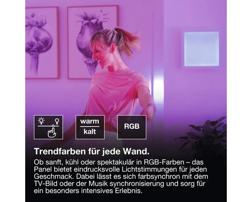 Quadratisches LED-Wandpanel mit RGB-Farbwechsel, Dimmfunktion und einstellbarer Farbtemperatur von warm bis kalt für stimmungsvolle Beleuchtung.