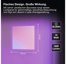 Quadratisches LED-Panel mit 295 Millimeter Seitenlänge, 18 Watt, 1600 Lumen und 30000 Stunden Lebensdauer.