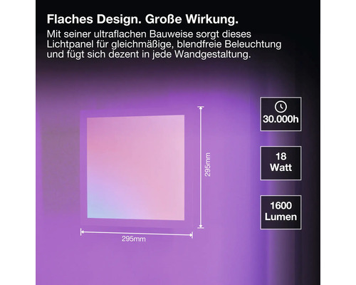 Quadratisches LED-Panel mit 295 Millimeter Seitenlänge, 18 Watt, 1600 Lumen und 30000 Stunden Lebensdauer.