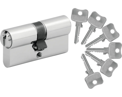 Doppelprofilzylinder aus Metall mit sechs Schlüsseln.