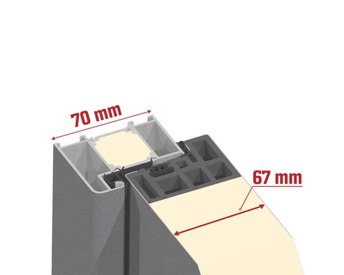 Querschnitt eines grauen Profils mit beiger Füllung und den Maßen 70 Millimeter und 67 Millimeter.