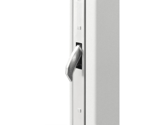 Nahaufnahme eines ausgefahrenen Schwenkriegels aus Metall an einem Rahmen.