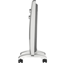 Mobiles Elektroheizgerät von der Seite mit zwei Drehreglern und Standfuß mit Rollen.