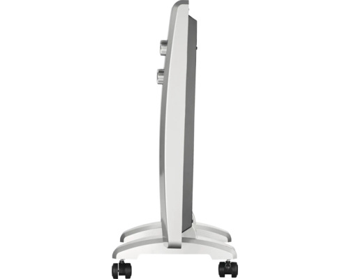 Mobiles Elektroheizgerät von der Seite mit zwei Drehreglern und Standfuß mit Rollen.