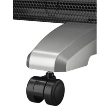 Detailaufnahme eines Standfußes mit Doppel-Transportrolle für ein Heizgerät.