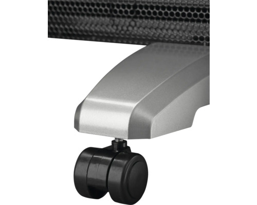 Detailaufnahme eines Standfußes mit Doppel-Transportrolle für ein Heizgerät.