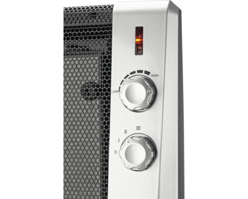 Bedienteil eines Heizgeräts mit Thermostatregler, Stufenschalter und Kontrollleuchte.