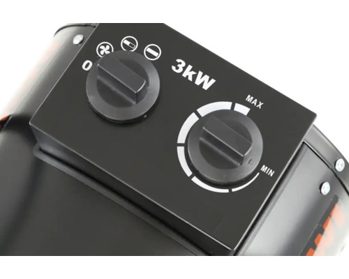 Bedienfeld eines 3 Kilowatt Heizgerätes mit Drehreglern für Leistungsstufen und Thermostat.