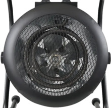 Vorderansicht eines elektrischen Heizgebläses mit rundem Metallgehäuse, Schutzgitter, Heizspirale und Ventilatorflügeln.