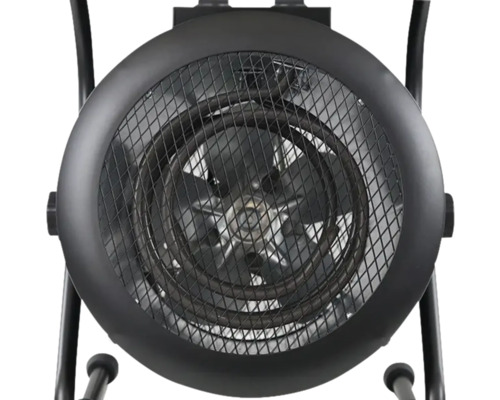 Vorderansicht eines elektrischen Heizgebläses mit rundem Metallgehäuse, Schutzgitter, Heizspirale und Ventilatorflügeln.