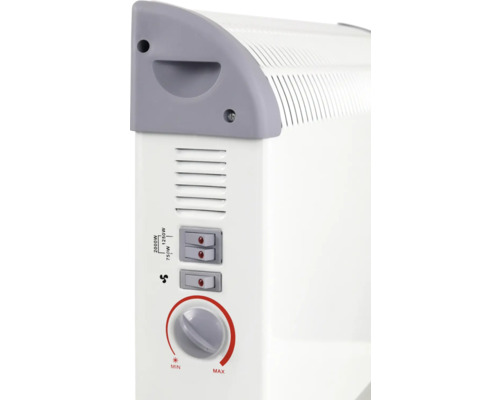 Bedienelemente eines Konvektors mit Thermostat-Drehregler, Gebläseschalter und Leistungsstufen für 750, 1250 und 2000 Watt.