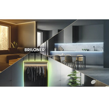 Briloner Logo in einer Collage, die moderne Wohnräume wie Wohnzimmer, Küche und Kleiderschrank mit Akzentbeleuchtung durch LED Streifen zeigt.