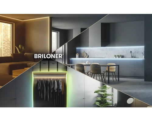 Briloner Logo in einer Collage, die moderne Wohnräume wie Wohnzimmer, Küche und Kleiderschrank mit Akzentbeleuchtung durch LED Streifen zeigt.