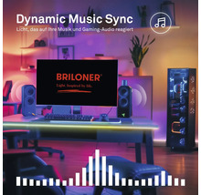 Gaming-Setup mit Monitor inklusive Briloner Logo, Lautsprechern und PC-Gehäuse, beleuchtet durch musiksynchronisierte intelligente LED-Beleuchtung.