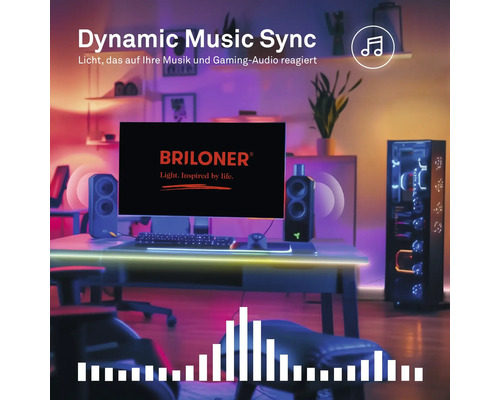 Gaming-Setup mit Monitor inklusive Briloner Logo, Lautsprechern und PC-Gehäuse, beleuchtet durch musiksynchronisierte intelligente LED-Beleuchtung.