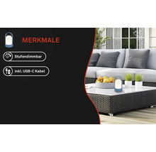 Tragbare LED-Tischleuchte auf einem Gartentisch, stufendimmbar, inklusive USB-C-Kabel.