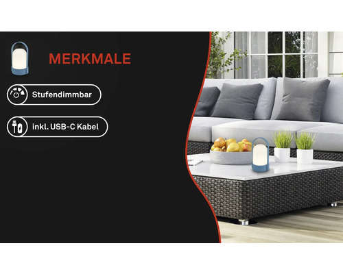 Tragbare LED-Tischleuchte auf einem Gartentisch, stufendimmbar, inklusive USB-C-Kabel.
