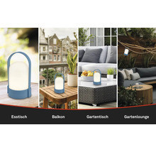 Collage einer tragbaren Außenleuchte auf einem Esstisch, einem Balkon, einem Gartentisch und hängend in einer gemütlichen Gartenlounge.