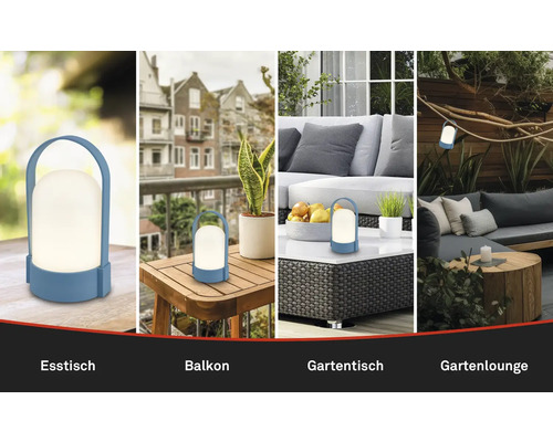 Collage einer tragbaren Außenleuchte auf einem Esstisch, einem Balkon, einem Gartentisch und hängend in einer gemütlichen Gartenlounge.