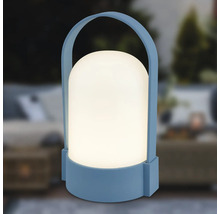 Blaue portable LED-Außenleuchte mit weißem, abgerundetem Schirm und Tragegriff.