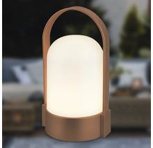 Tragbare LED-Außenleuchte mit Tragegriff, warmweiß leuchtender Zylinder mit abgerundeter Oberseite und bronzefarbenem Gehäuse.