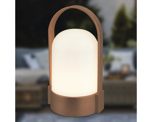 Tragbare LED-Außenleuchte mit Tragegriff, warmweiß leuchtender Zylinder mit abgerundeter Oberseite und bronzefarbenem Gehäuse.