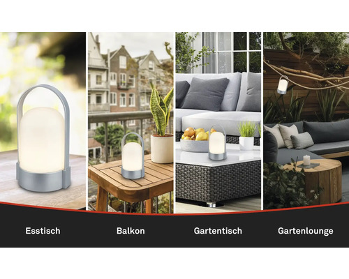 Tragbare LED-Außenleuchte für Esstisch, Balkon, Gartentisch und Gartenlounge in verschiedenen Anwendungsszenarien.