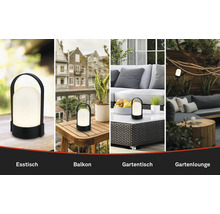 Tragbare LED-Tischleuchte für Außenbereiche wie Esstisch, Balkon, Gartentisch und Gartenlounge in verschiedenen Szenarien.